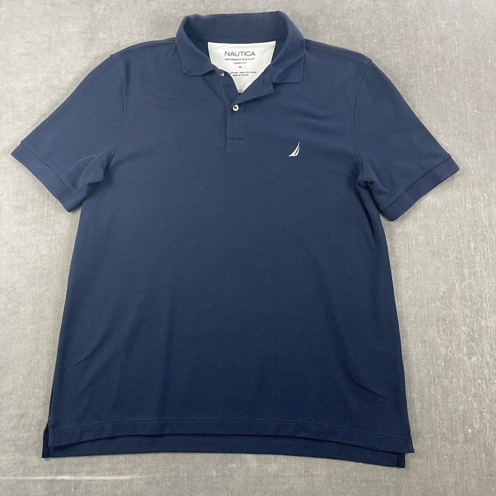 Nautica Men Medium Navy Blue Polo Shirt Performance Deck Classic Fit‎ Logo
